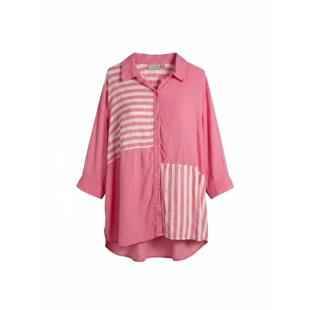 Joan Rivers Pink Linen Blend Striped Patchwork Button Down Tunic Top 1X Artsy
